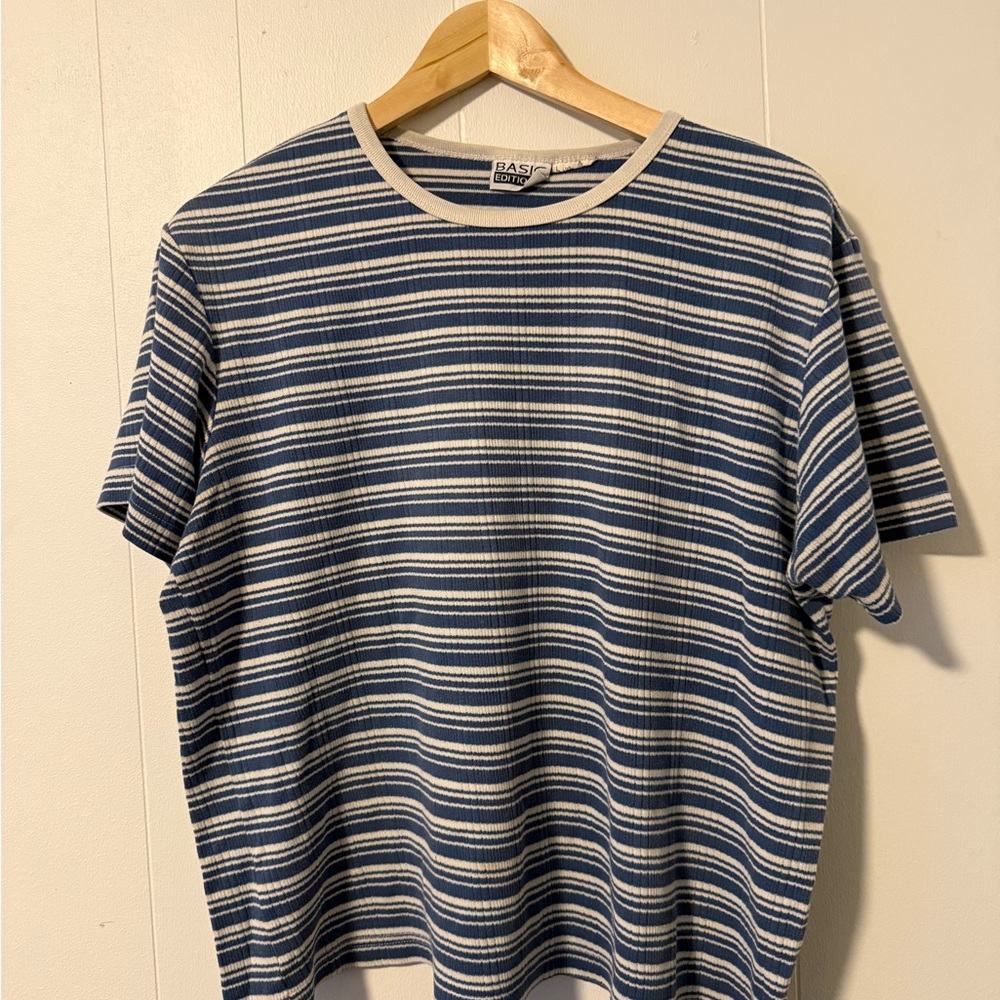 Vintage Basic Editions Grey Blue and Cream Striped Tee